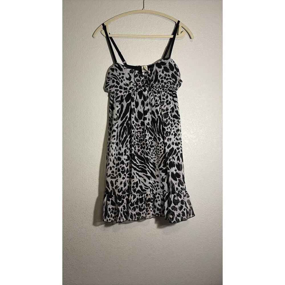 Vintage Prima Y2K Black White Animal Print Sheer Chiffon Babydoll Dress Medium